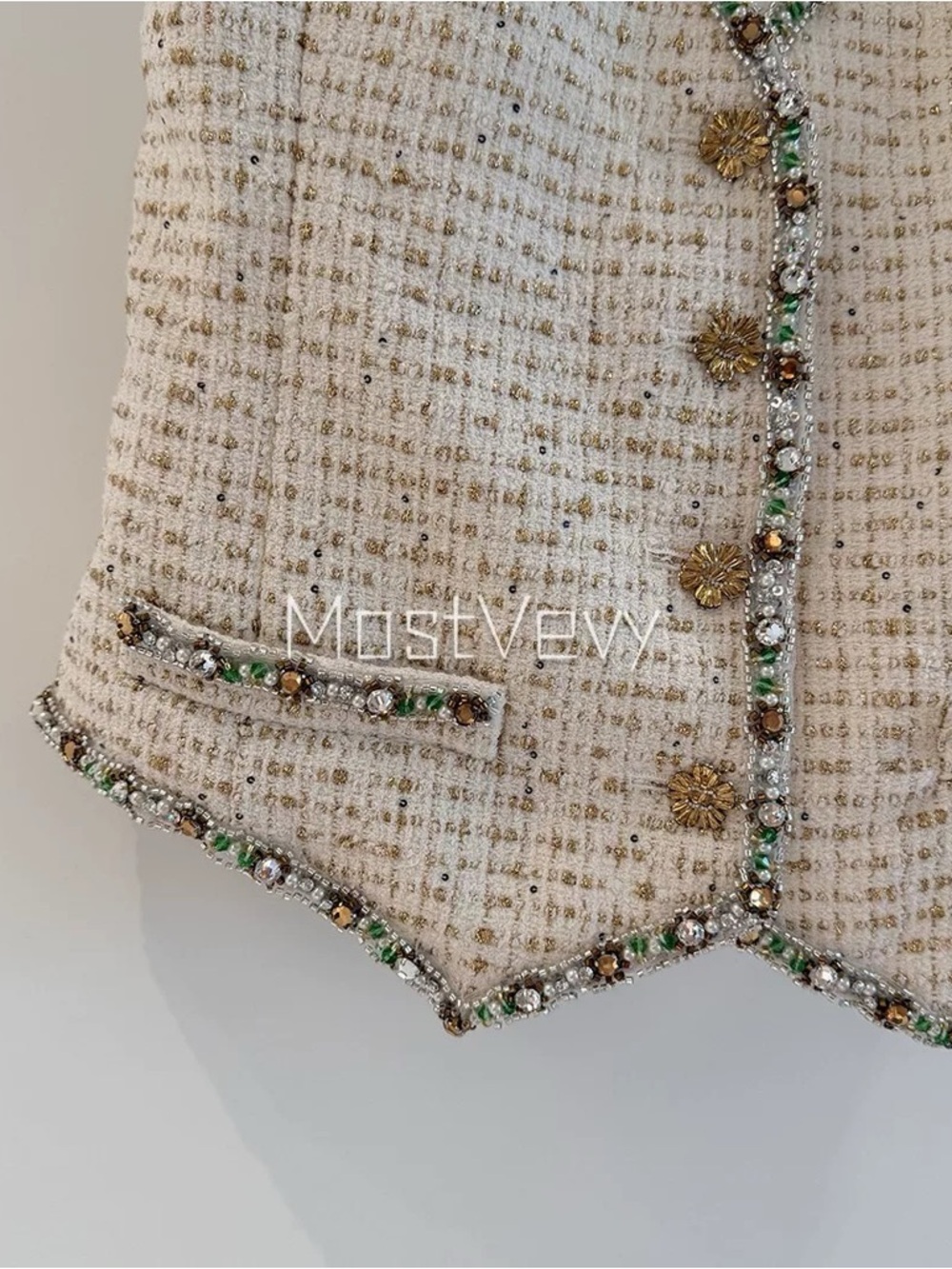 Designer Luxury Beaded Tweed V-Neck Vest in Cream and Gold - Picture 3 of 9
